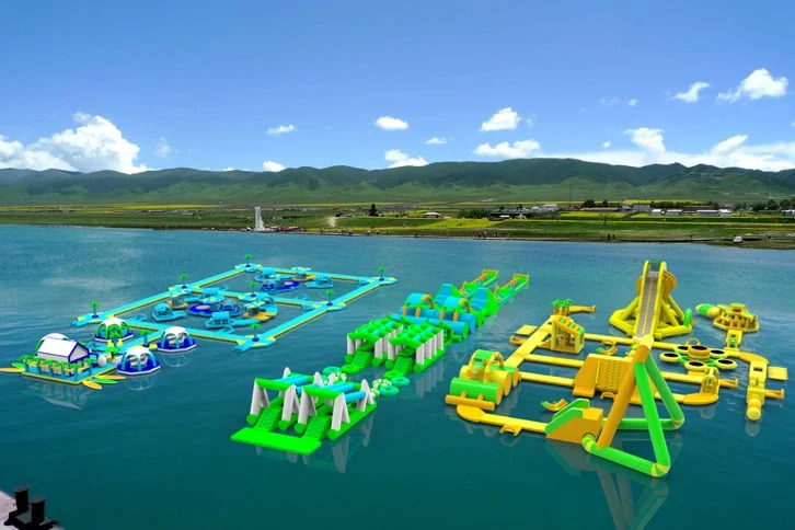 Floating inflatable water park playground generating rental revenue