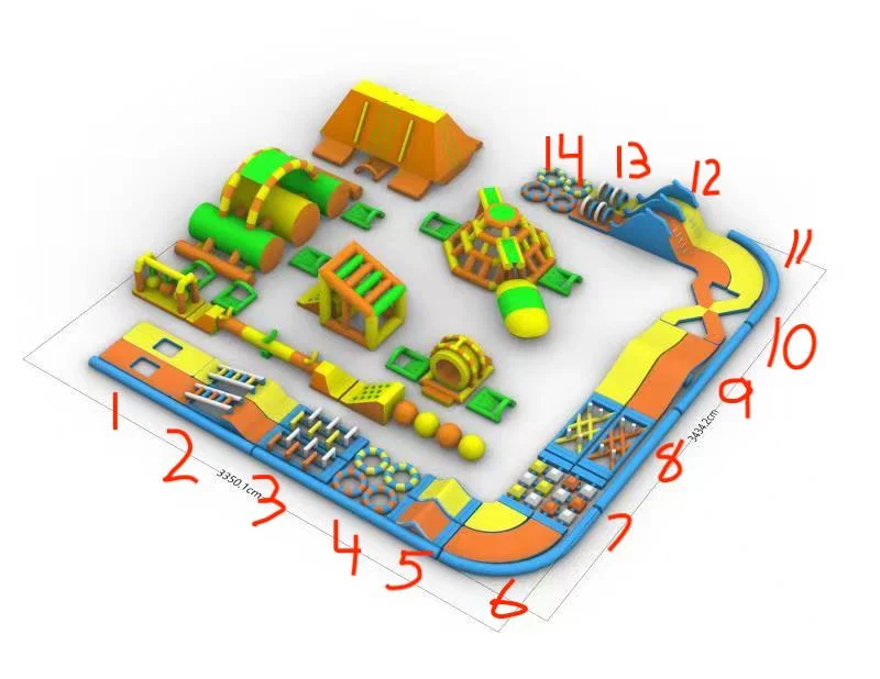 High-capacity commercial floating aqua park obstacle layout