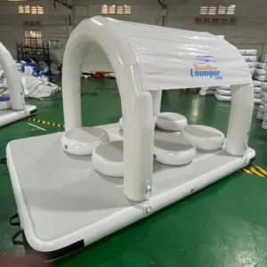 A white inflatable raft in a warehouse