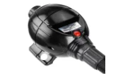 A black round object with a red button