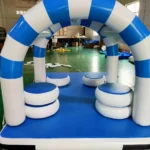 A blue and white inflatable stage
