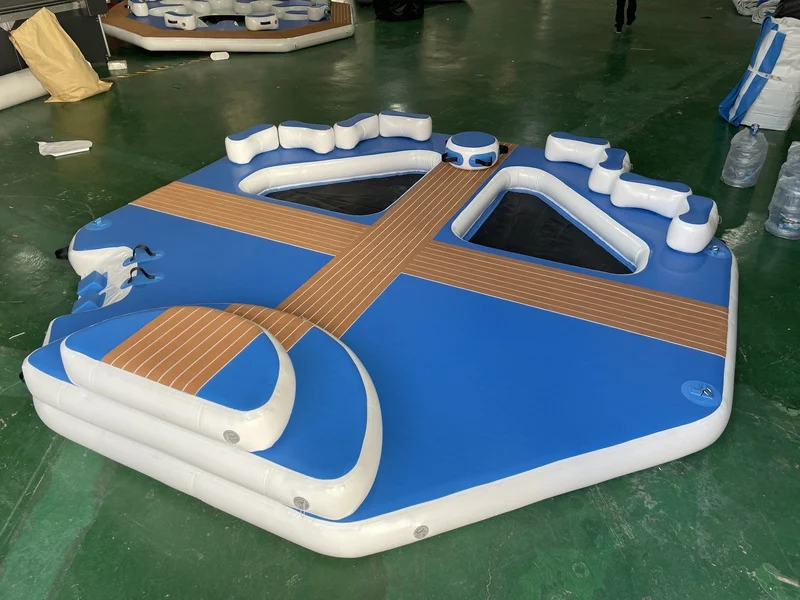 Inflatable dock installation showing secure water anchoring