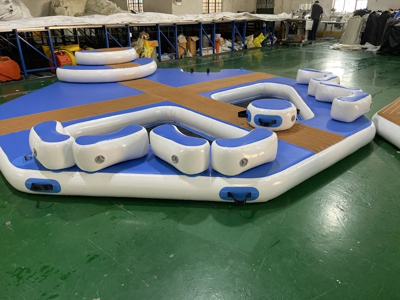 Floating inflatable dock setup for water sports and boat mooring