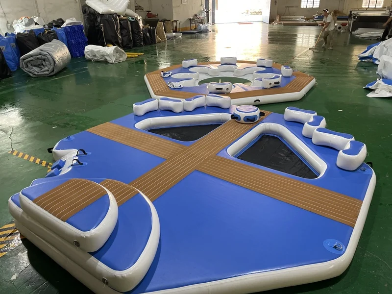 Installation of a heavy-duty inflatable dock on a lake