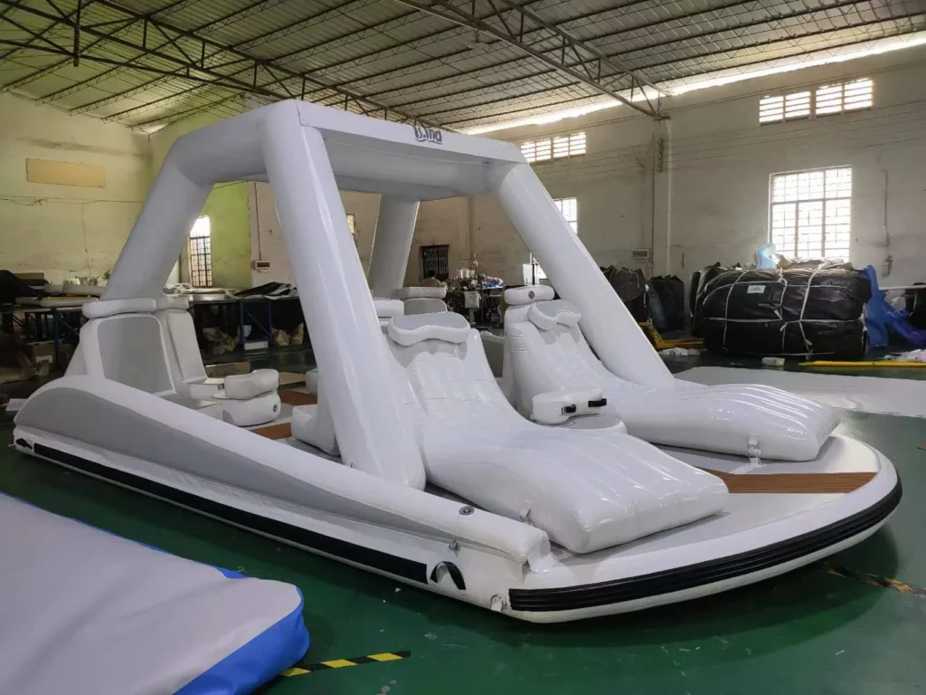 Inflatable cove cruiser boat for luxury yacht docks and lake leisure.