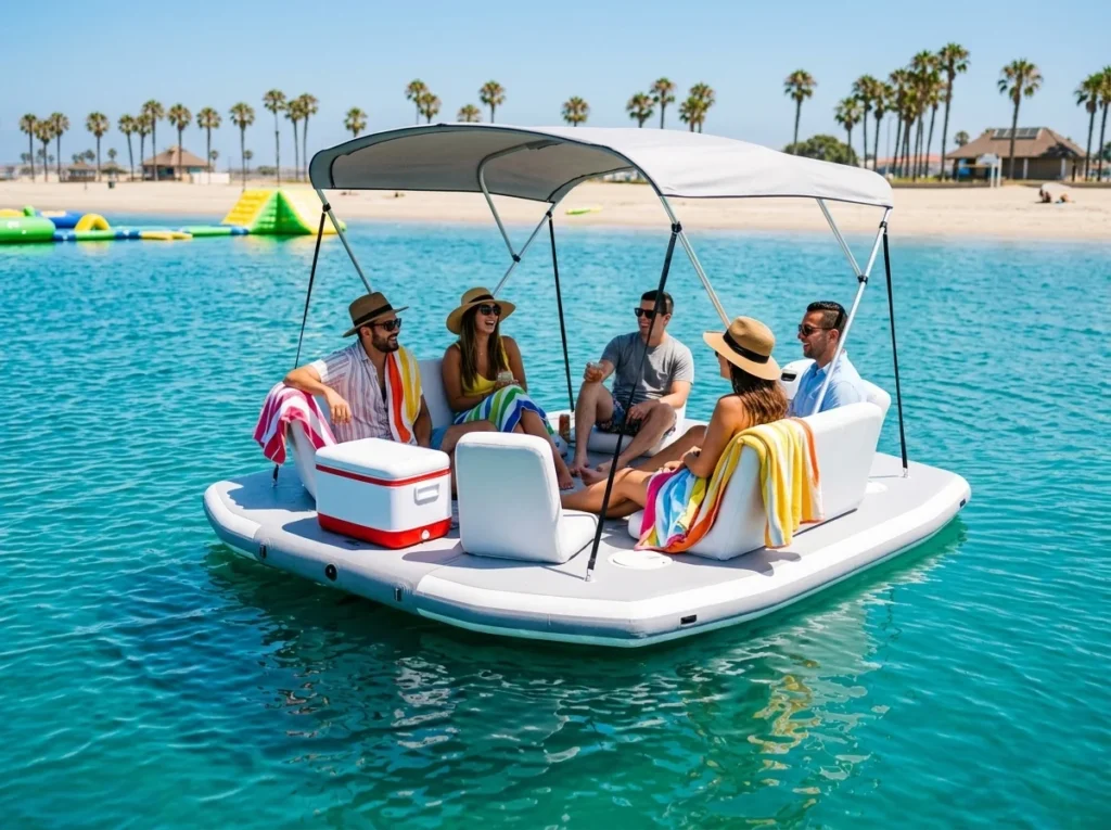 Conceptual featured image for inflatable floating island and water leisure blog posts.