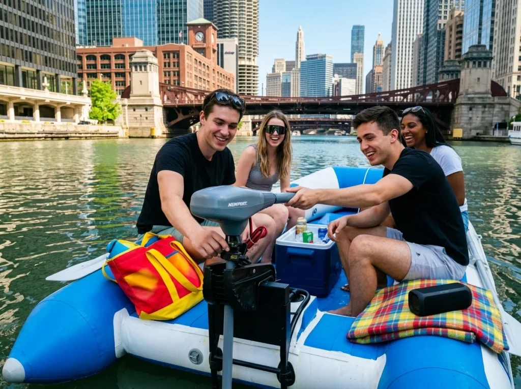 Inflatable Island stored compactly in a garage as an electric boat alternative in Chicago