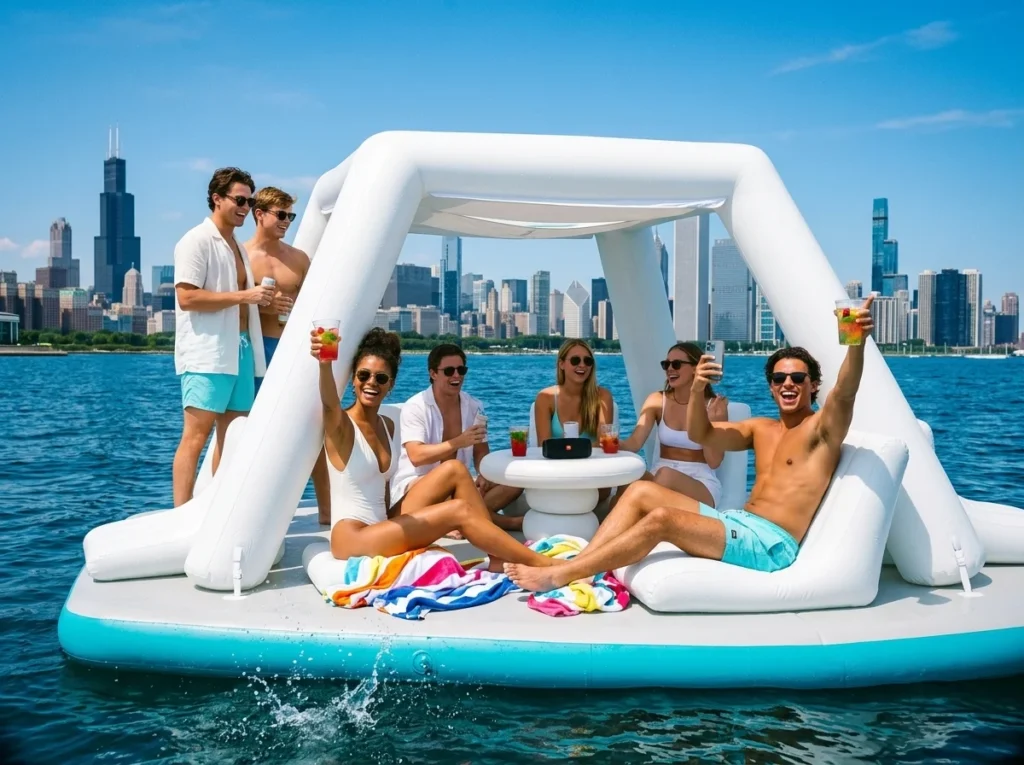 Inflatable Island cruising the river as a hot tub boat alternative in Chicago