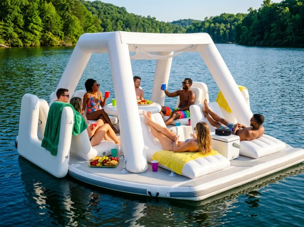Social gathering on an Inflatable Island featuring calm-water cruising design