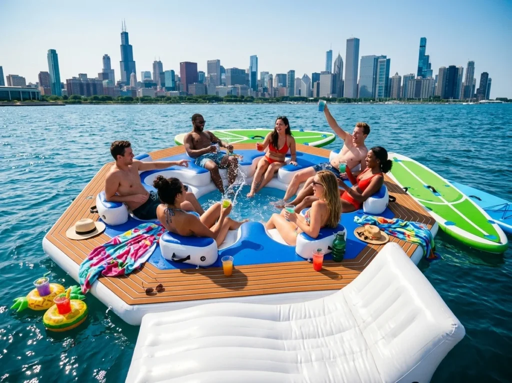 Eco-luxe Inflatable Island alternative to a hot tub boat on Lake Michigan