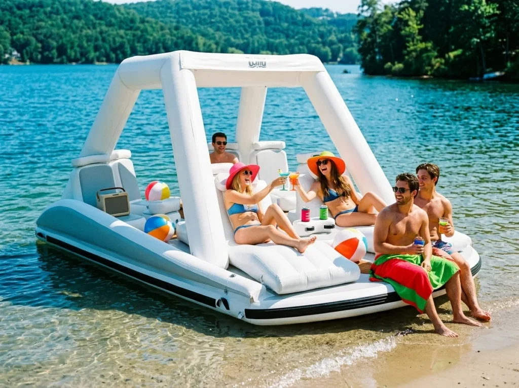 Conceptual featured image for inflatable floating island and water leisure blog posts.