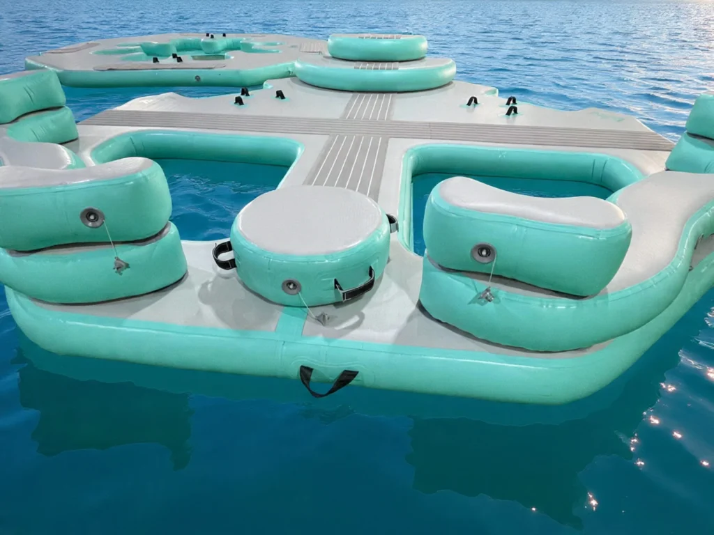 Inflatable dock close-up showing durable water-resistant fabric texture