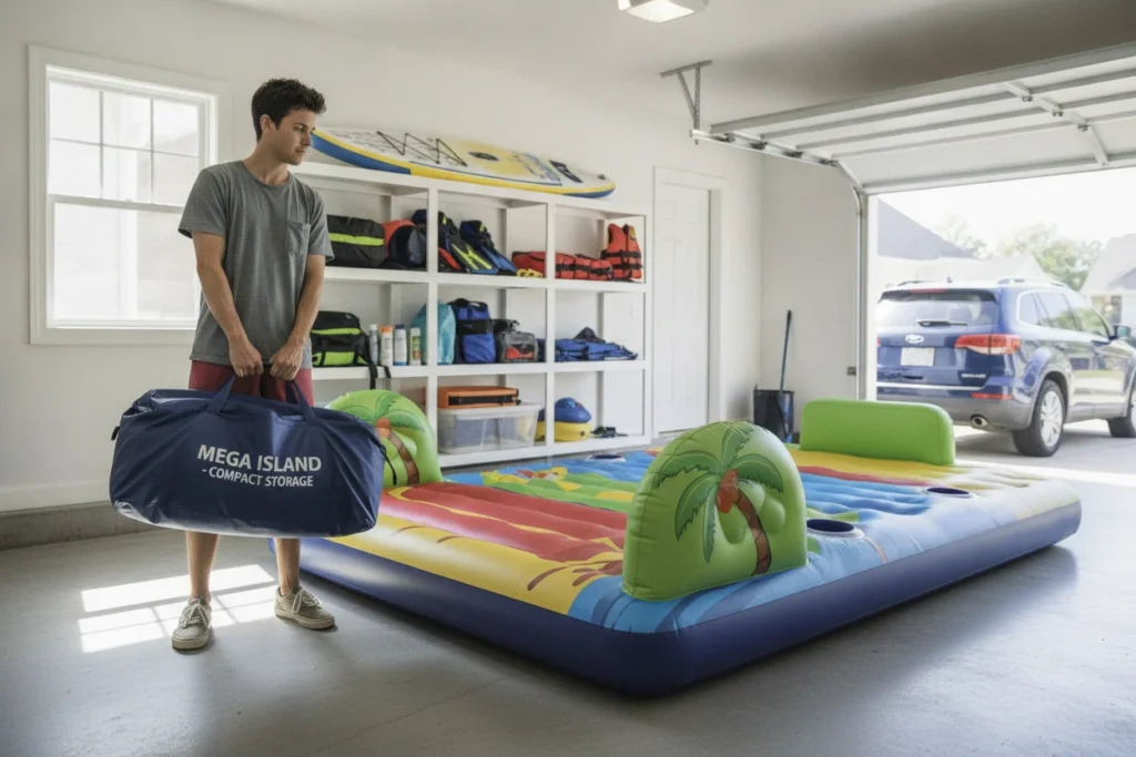 Inflatable Island float deflated and stored compactly in a garage for easy portability