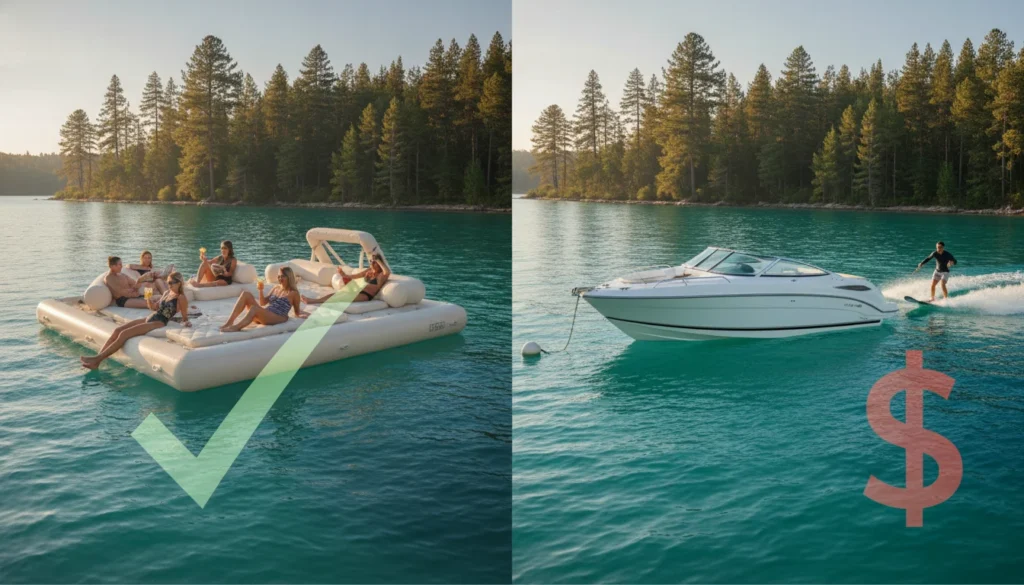 Cost comparison chart of an Inflatable Island floating water park versus buying a boat