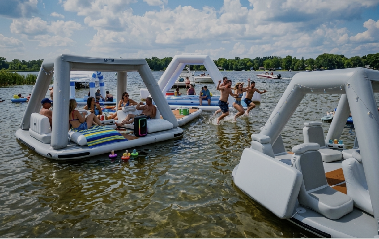 Sandbar Inflatable Floating Cabanas with People Jumping in Clear Blue Water