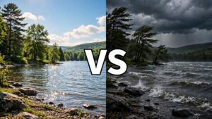 Calm lake vs rough stormy lake for boat cruising