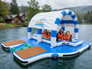 Playing on an inflatable island in the rain with the children